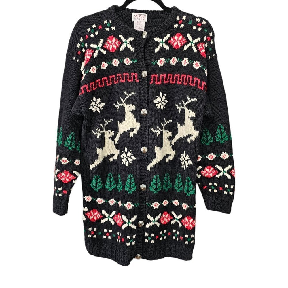 PBJ  Sport Vintage Christmas Button Down Cardigan Knit Black Sweater